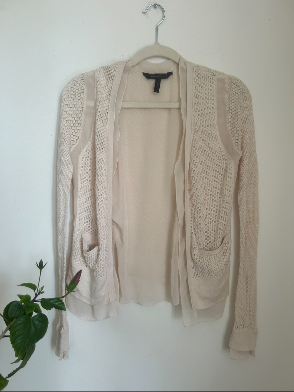 BCBGMaxAzria Cream Open-Front Knit & Chiffon Cardigan